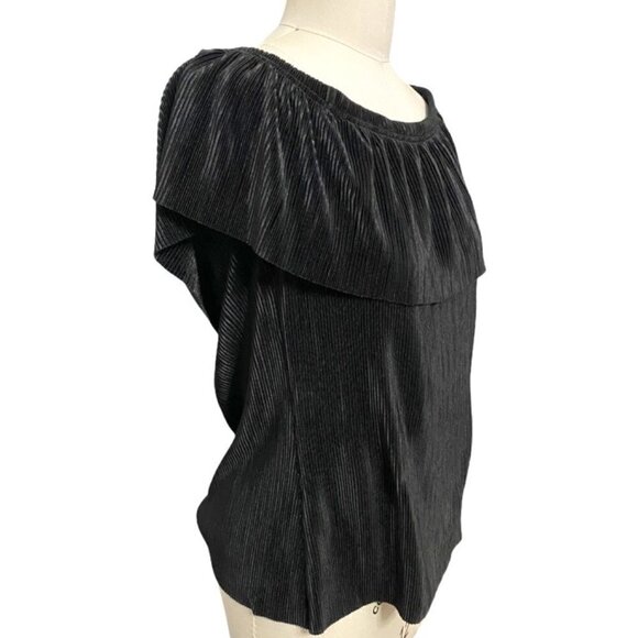 A.N.A., Black Ribbed Ruffle Neck Blouse, Size Large - Picture 1 of 5